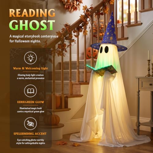 53-Inch Standing Halloween Ghost Decoration with Witch Hat & Glowing Book