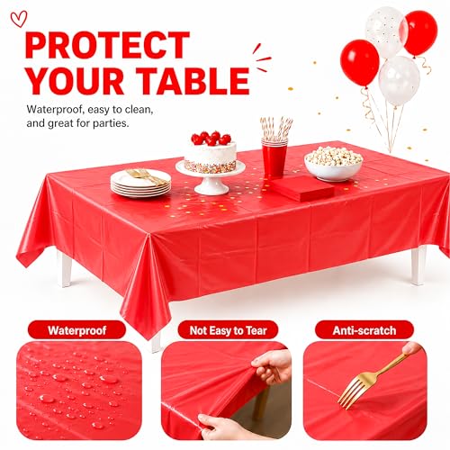 Red Disposable Tablecloths 54 x 108 in, 2 Pack Plastic Rectangular Covers for Parties