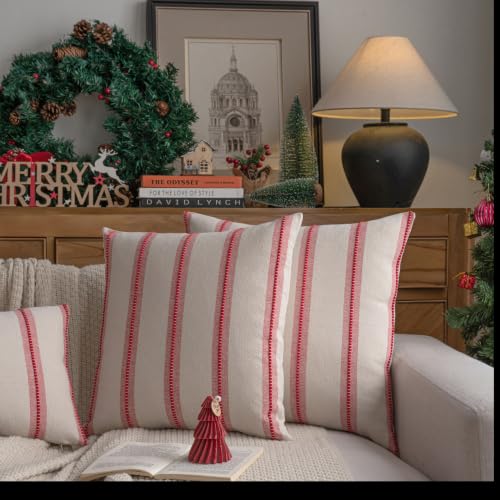 Cethom Red & White Striped Christmas Throw Pillow Covers 18x18 Set of 2