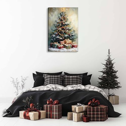 Christmas Tree Wall Art Canvas Painting - Snowy Holiday Decor, 16x24 inches