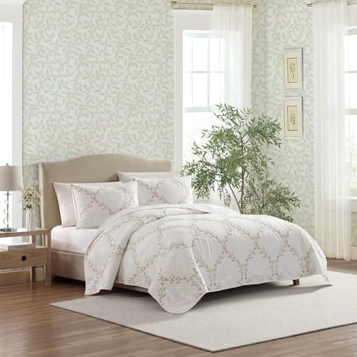 Full/Queen Floral Embroidered Cotton Quilt Set with Matching Shams - Pink
