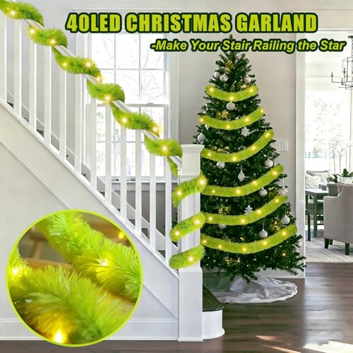 UZKEW 20 Feet Lemon Green Christmas Garland with Lights - Battery Operated, Pre-Lit, 40 Warm White LEDs, Indoor Outdoor Decor, Variation 1