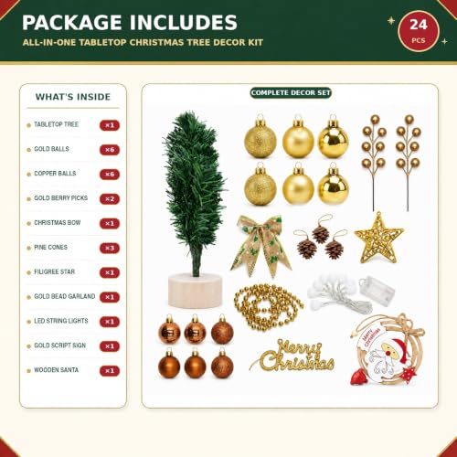 AethelFlora 13-Inch Lighted Christmas Tabletop Tree with 20-Piece Decor Set