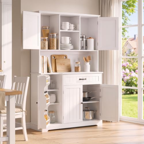 Gizoon White Tall Kitchen Storage Cabinet with Door & Shelves - Modern Kitchen Organizer