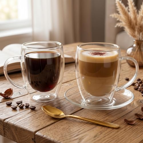 FrutPunch Double Walled Glass Coffee Mugs Set of 2, 12 oz - Heat-Resistant Borosilicate