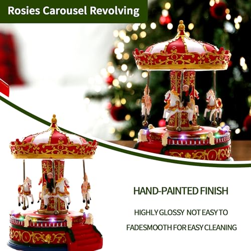 Musical Christmas Carousel Village Figurine with Revolving Horses & 8 Songs