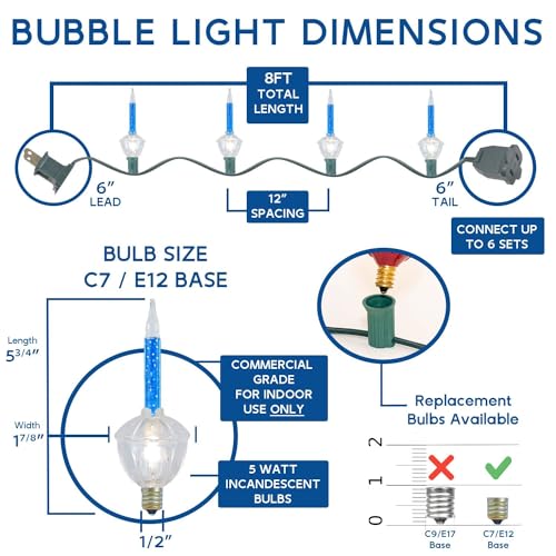 Novelty Lights Traditional Bubble Light Set, 8 ft, 8 Bulbs, Red/Blue/Orange/Green, 5W C7