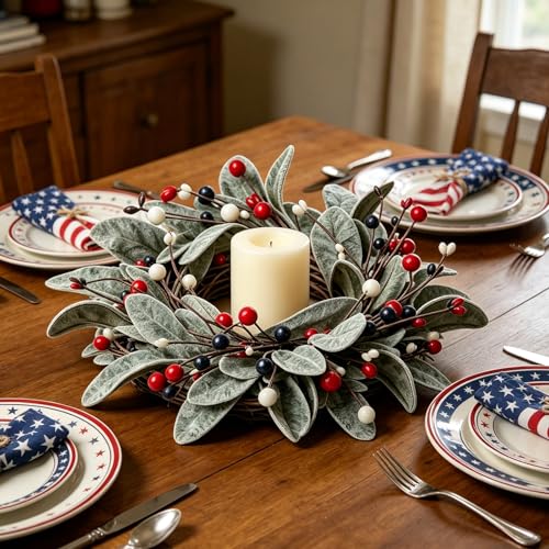 Patriotic 4th of July Candle Ring Wreaths for Pillar Candles, Set of 4