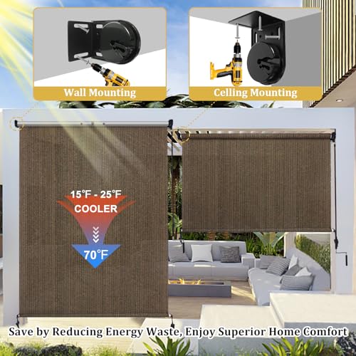 Outdoor Roller Shades, 8' W x 8' H Cordless Blinds for Patio & Porch