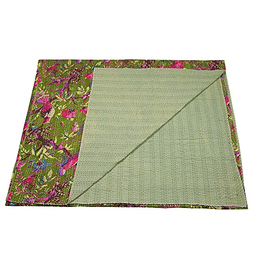 Handmade Cotton Bohemian Kantha Quilt - Bird Print, Queen Size
