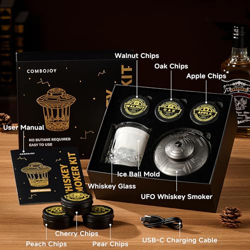 Gray ComboJoy Electric Whiskey Smoker Kit with LED, 6 Flavors, Glass & Ice Mold