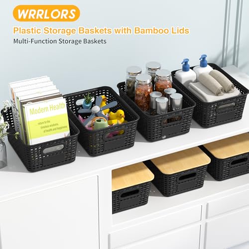 Plastic Storage Baskets with Bamboo Lids and Labels 6-Pack