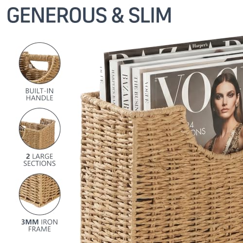 Woven Paper Rope Magazine Holder - Narrow Boho Organizer with Handle