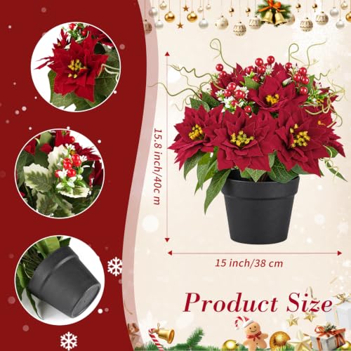 Red Artificial Poinsettia Plants in Pot, 15-Inch Fake Christmas Flowers, 2 Pack