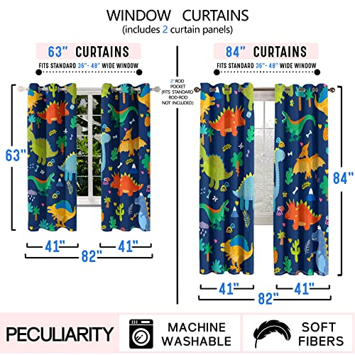 Dinosaur Print Blackout Curtains, Thermal Insulated Window Drapes 82x63