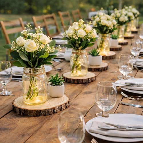 Honeydak 24-Piece Mason Jar Centerpieces Set – 24 Clear Jars, 24 Wood Coasters & 65.62 ft Jute Rope