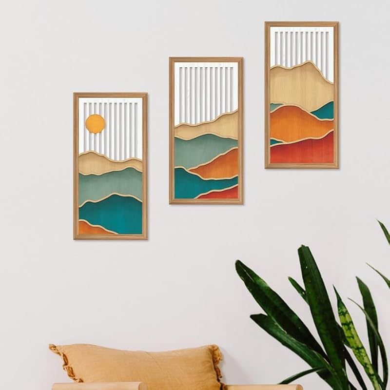 3-Piece Boho Mountain Landscape Wooden Wall Art, Minimalist Nature Decor