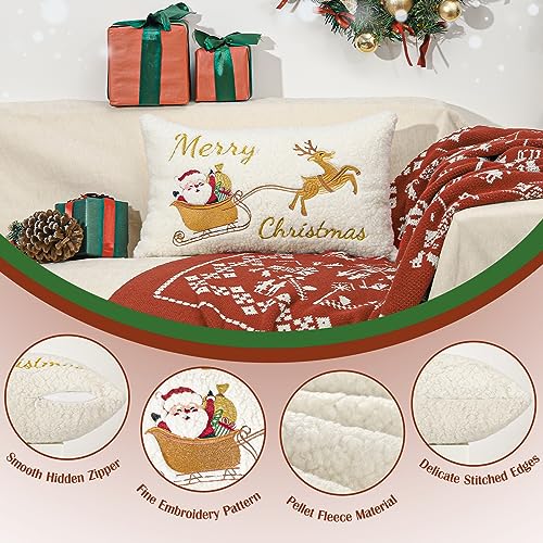 Lewondr Christmas Throw Pillow Cover, 1 PCS 12 x 20 Inch Cute Santa Claus Reindeer Sleigh Embroidery Throw Pillow Case Luxury Soft Pellet Velvet Lumbar Pillow Cover for Bed Home Decor Living Room