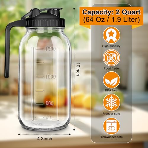 64 oz Glass Mason Jar Pitcher with Pour Spout Lid and Handle - 2 Quart