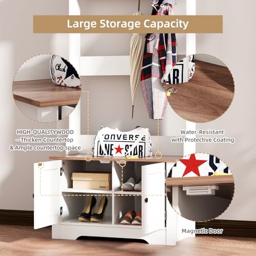 White Farmhouse 5-in-1 Hall Tree with Shoe Rack & Bench - TOOBVEST