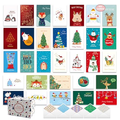 100 Unique Christmas Greeting Cards Set with Envelopes & Stickers - 5x7 Inches