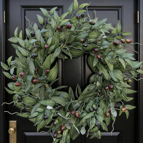 20-Inch Artificial Olive Wreath for Front Door, Realistic Leaf & Berry Decor
