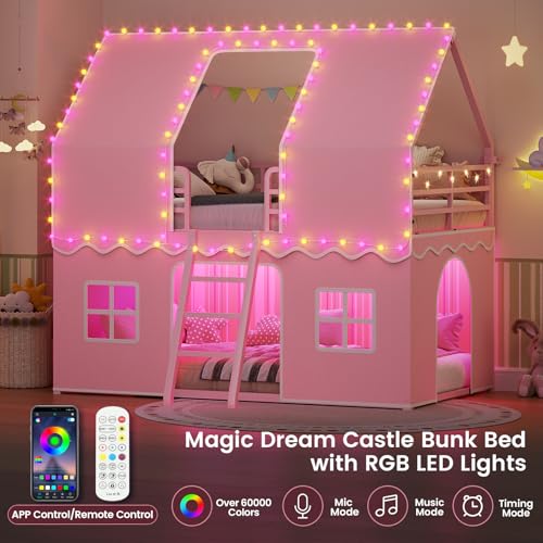 Twin Over Twin Metal Bunk Bed with LED Lights and Play Tent Curtains