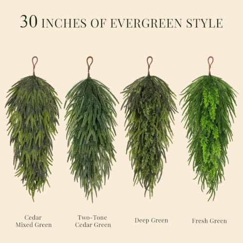 SpringTalk 30in Artificial Teardrop Swags, 4-Pack Norfolk Pine Wreaths for Front Door (Fresh Green)