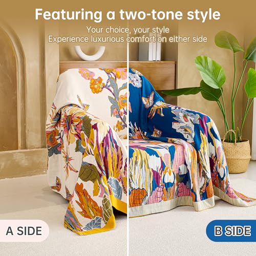 Boho Cotton Throw Blanket 50x60, Soft Breathable Farmhouse Bed & Couch Quilt
