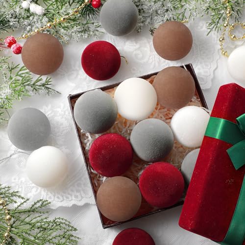 Menkxi 24 Pcs Velvet Christmas Ornaments Set - Flocking Ball, Colorful, 1.97''