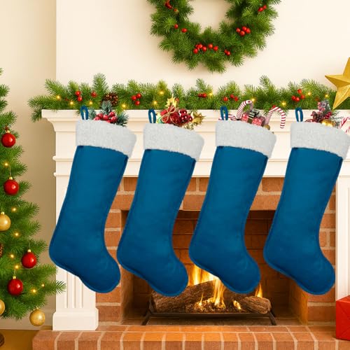 Large Navy Blue Christmas Stockings, Set of 6 Holiday Fireplace Decor