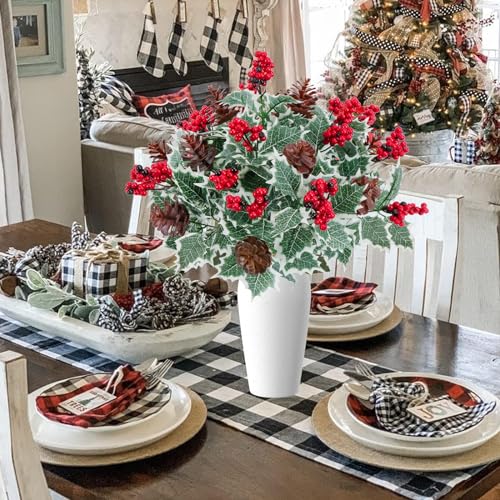 Xmas 6pcs Artificial Christmas Flowers with Holly Berries Pine Cones, Detachable Holiday Decor