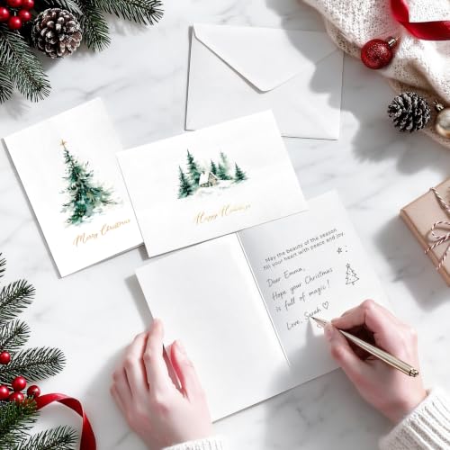 Roosyo 24 Pack Christmas Cards with Envelopes, 8 Watercolor Designs, Gold Foil, 4 x 6 in – Variation: 24 Pack Watercolor