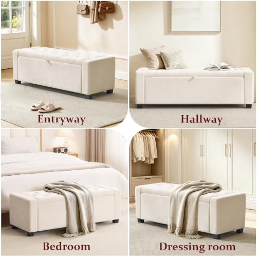 Tufted Linen Storage Bench Ottoman - Beige Upholstered Bedroom Seating
