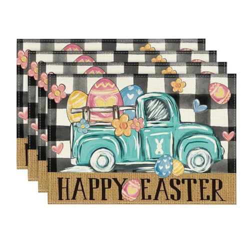 Artoid Mode 12x18 Inch Set of 4 Buffalo Plaid Carrot Egg Truck Easter Placemats, Rectangular Seasonal Table Decor
