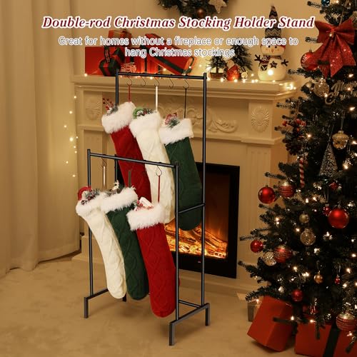 Christmas Stocking Holder Stand with 10 Hooks & Double Rods - Holiday Decor