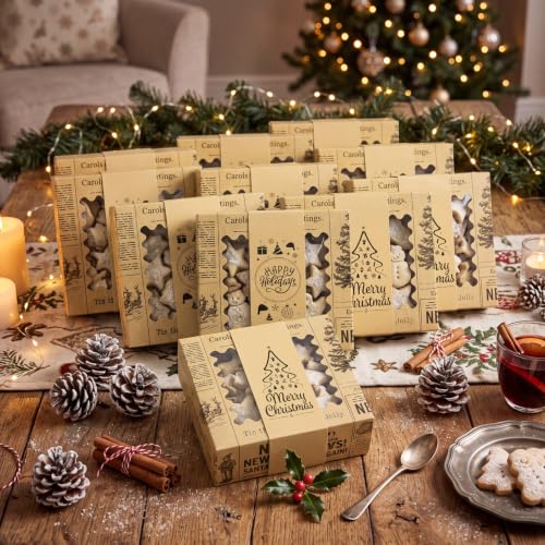 Resurhang 12 Pcs Vintage Christmas Cookie Boxes with Window – Newspaper Variation
