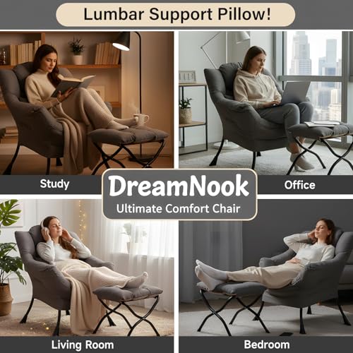 Modern Lazy Lounge Chair with Ottoman and Lumbar Pillow, Dark Grey