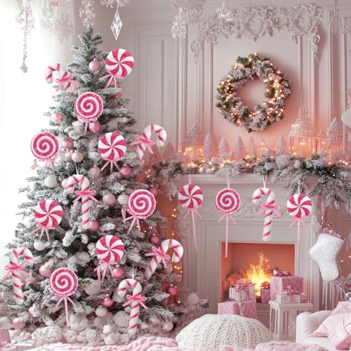 Threehoney Pink Candy Cane Christmas Decorations 16 pcs Holiday Ornaments