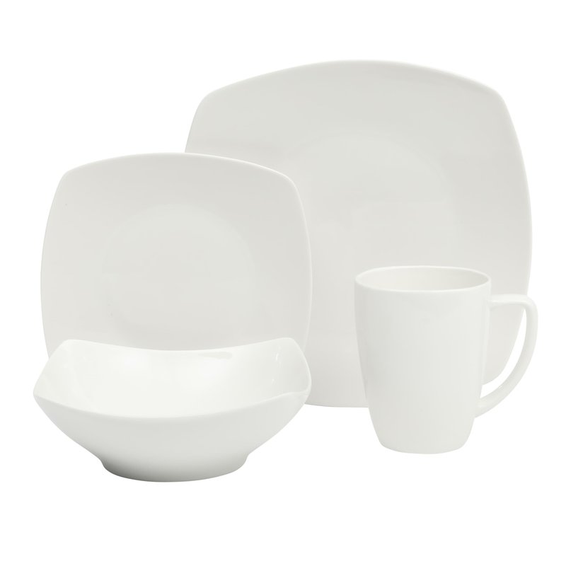 Gibson Home Zen Buffet White Porcelain Dinnerware Set for 4, Square Plates Bowls and Mugs, Chip and Scratch Resistant, Dishwasher and Microwave Safe, 16 Piece