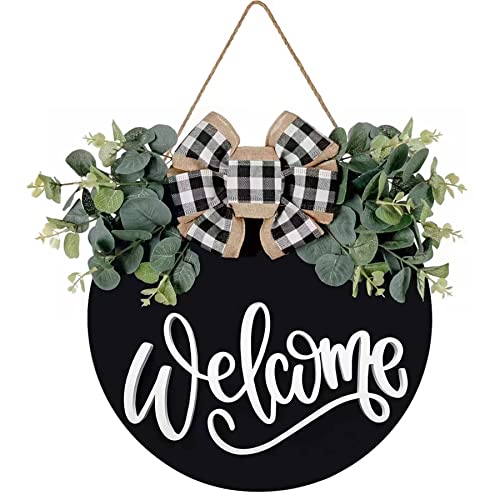 Rustic Welcome Sign for Front Door, 12-Inch Round Wooden Farmhouse Wreath