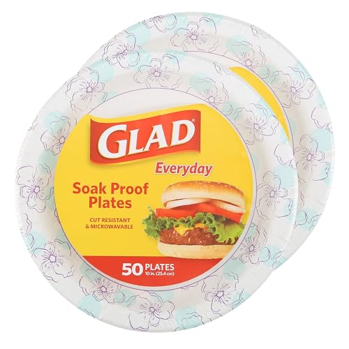Glad Round Disposable Paper Plates, Blue Flower Pattern - Strong, Sturdy, Soak Proof, and Microwavable Decorative Plates for Dinner and Everyday Use, 10 Inch, 50 Count - 2 Pack