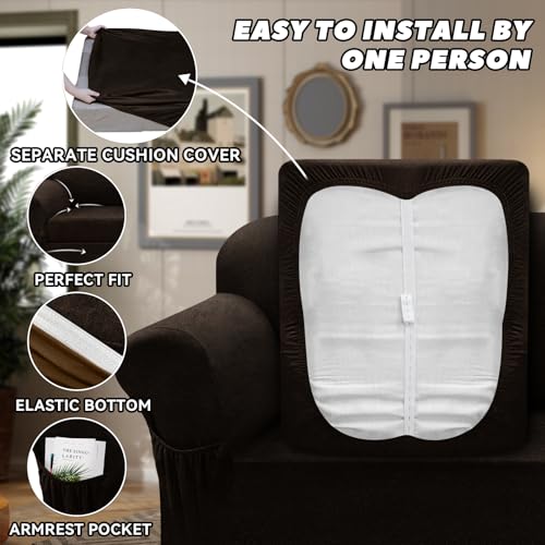 Loveseat Slipcover Set, Non-Slip Stretch Faux Leather, Dark Brown, Fits 58-66"