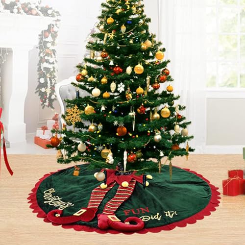 Elf Christmas Tree Skirt 48in Green Velvet with Elf Legs Ripple Trim - ipalmay