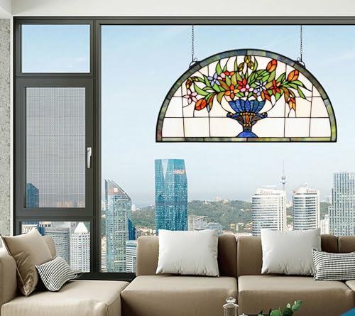 24-Inch Half Round Stained Glass Window Hanging Panel