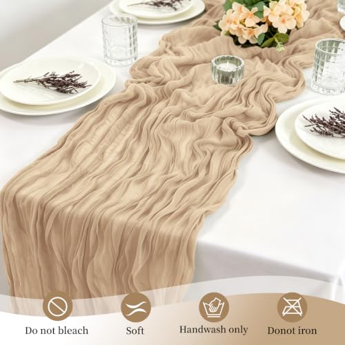 QMDBUI 12 Pack Beige Cheesecloth Table Runners 17 x 108 Inch for Wedding & Party