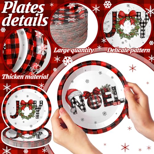96 Pcs Christmas Paper Plates Disposable 7 Inch Buffalo Plaid Xmas Plates - Christmas Elements