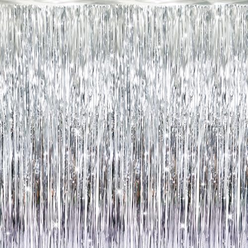 GOER Silver 3.2ft x 8.2ft Metallic Foil Fringe Curtain Party Backdrop - 1 Pack