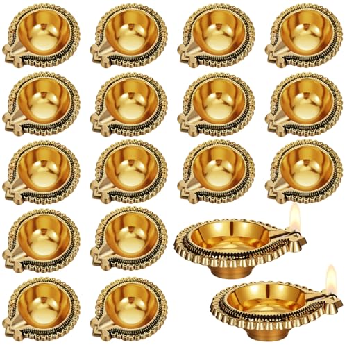 20-Piece Brass Indian Diya Set - Gold Oil Lamps for Diwali & Pooja Decor