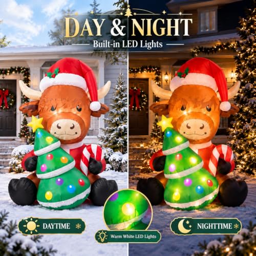 Sosation 5ft Christmas Highland Cow Inflatable with LED Lights - Santa Hat & Tree Variation